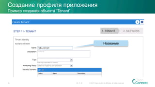 Создание профиля приложения
23.11.15 © 2015 Cisco and/or its affiliates. All rights reserved.53
Пример создания объекта “Tenant”
Название
 