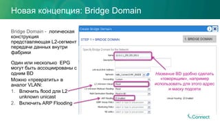 Новая концепция: Bridge Domain
Bridge Domain - логическая
конструкция
представляющая L2-сегмент
передачи данных внутри
фабрики
Один или несколько EPG
могут быть ассоциированы с
одним BD
Можно «превратить» в
аналог VLAN:
1.  Влючить flood для L2
unknown unicast
2.  Включить ARP Flooding
Название BD удобно сделать
«говорящим», например
использовать для этого адрес
и маску подсети
 