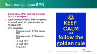 Золотое правило EPG
•  Если есть EPG, значит должен
быть и контракт!
•  Данные между EPG без контракта
который явно это разрешает не
передаются
•  Это касается
•  Трафика между EPG в одном
ANP
•  Трафика между EPG разных
ANP
•  L2 OUT EPG
•  L3 OUT EPG
•  и т.д. и т.п.
23.11.15 © 2015 Cisco and/or its affiliates. All rights reserved.65
 