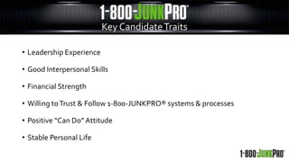 Key CandidateTraits
• Leadership Experience
• Good Interpersonal Skills
• Financial Strength
• Willing toTrust & Follow 1-800-JUNKPRO® systems & processes
• Positive “Can Do” Attitude
• Stable Personal Life
 