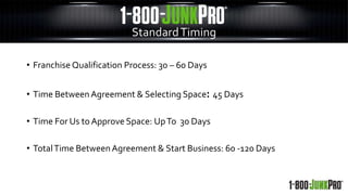 • Franchise Qualification Process: 30 – 60 Days
• Time BetweenAgreement & Selecting Space: 45 Days
• Time For Us to Approve Space: UpTo 30 Days
• TotalTime BetweenAgreement & Start Business: 60 -120 Days
StandardTiming
 