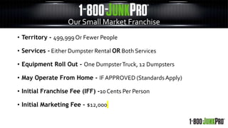 • Territory - 499,999 Or Fewer People
• Services - Either Dumpster Rental OR Both Services
• Equipment Roll Out - One DumpsterTruck, 12 Dumpsters
• May Operate From Home - IF APPROVED (Standards Apply)
• Initial Franchise Fee (IFF) -10Cents Per Person
• Initial Marketing Fee - $12,000
Our Small Market Franchise
 