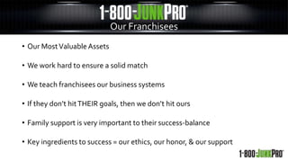 Our Franchisees
• Our MostValuable Assets
• We work hard to ensure a solid match
• We teach franchisees our business systems
• If they don’t hitTHEIR goals, then we don’t hit ours
• Family support is very important to their success-balance
• Key ingredients to success = our ethics, our honor, & our support
 