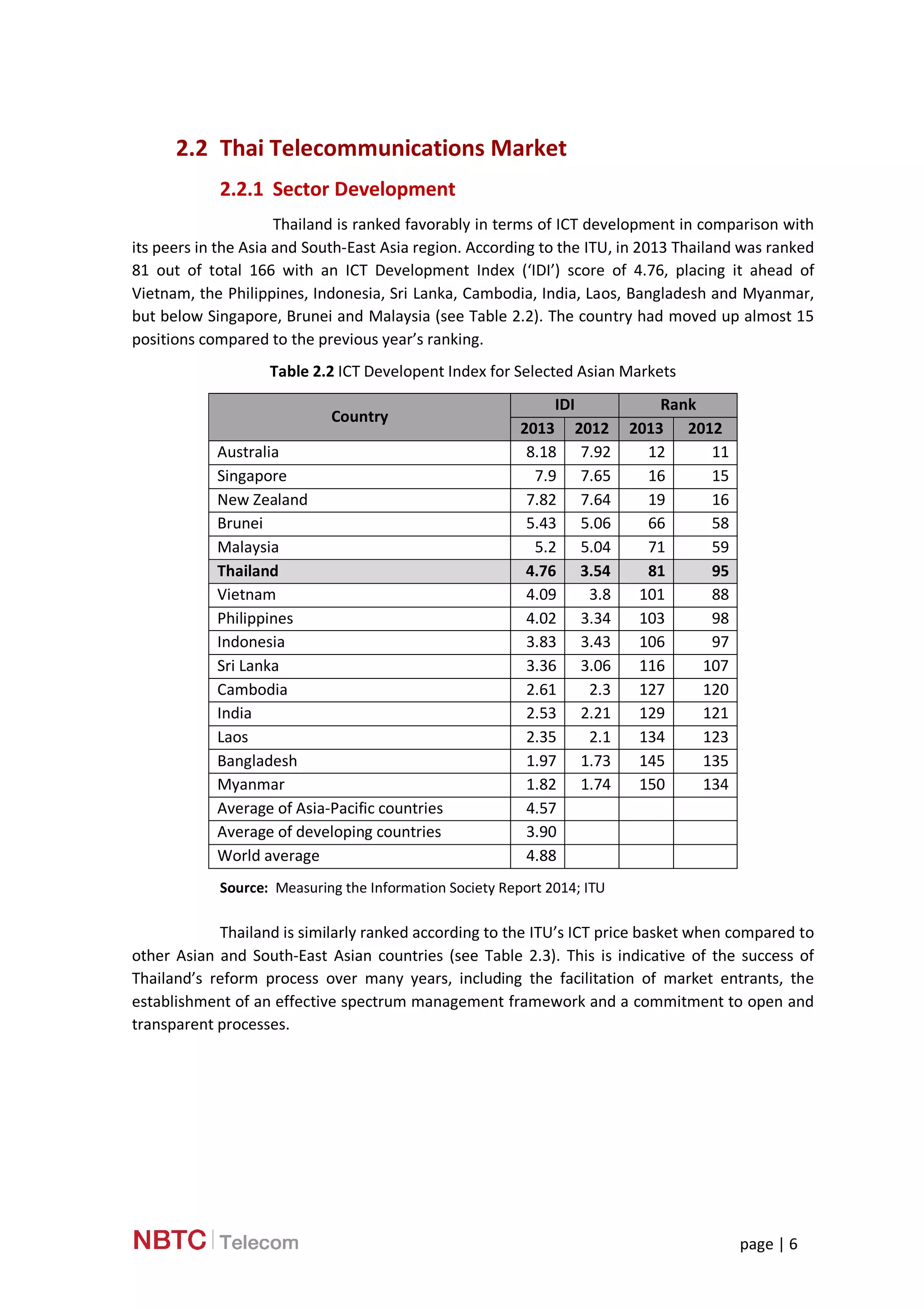 page | 6
2.2 Thai Telecommunications Market
2.2.1 Sector Development
Thailand is ranked favorably in terms of ICT development in comparison with
its peers in the Asia and South-East Asia region. According to the ITU, in 2013 Thailand was ranked
81 out of total 166 with an ICT Development Index (‘IDI’) score of 4.76, placing it ahead of
Vietnam, the Philippines, Indonesia, Sri Lanka, Cambodia, India, Laos, Bangladesh and Myanmar,
but below Singapore, Brunei and Malaysia (see Table 2.2). The country had moved up almost 15
positions compared to the previous year’s ranking.
Table 2.2 ICT Developent Index for Selected Asian Markets
Country
IDI Rank
2013 2012 2013 2012
Australia 8.18 7.92 12 11
Singapore 7.9 7.65 16 15
New Zealand 7.82 7.64 19 16
Brunei 5.43 5.06 66 58
Malaysia 5.2 5.04 71 59
Thailand 4.76 3.54 81 95
Vietnam 4.09 3.8 101 88
Philippines 4.02 3.34 103 98
Indonesia 3.83 3.43 106 97
Sri Lanka 3.36 3.06 116 107
Cambodia 2.61 2.3 127 120
India 2.53 2.21 129 121
Laos 2.35 2.1 134 123
Bangladesh 1.97 1.73 145 135
Myanmar 1.82 1.74 150 134
Average of Asia-Pacific countries 4.57
Average of developing countries 3.90
World average 4.88
Source: Measuring the Information Society Report 2014; ITU
Thailand is similarly ranked according to the ITU’s ICT price basket when compared to
other Asian and South-East Asian countries (see Table 2.3). This is indicative of the success of
Thailand’s reform process over many years, including the facilitation of market entrants, the
establishment of an effective spectrum management framework and a commitment to open and
transparent processes.
 