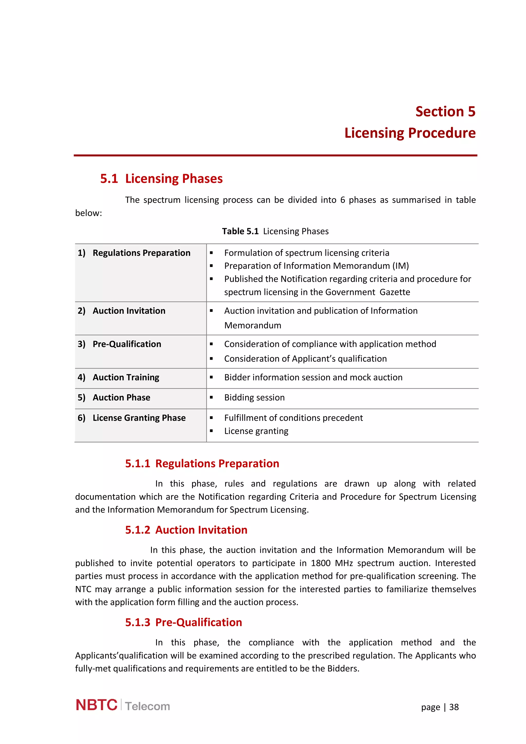 page | 38
Section 5
Licensing Procedure
5.1 Licensing Phases
The spectrum licensing process can be divided into 6 phases as summarised in table
below:
Table 5.1 Licensing Phases
1) Regulations Preparation  Formulation of spectrum licensing criteria
 Preparation of Information Memorandum (IM)
 Published the Notification regarding criteria and procedure for
spectrum licensing in the Government Gazette
2) Auction Invitation  Auction invitation and publication of Information
Memorandum
3) Pre-Qualification  Consideration of compliance with application method
 Consideration of Applicant’s qualification
4) Auction Training  Bidder information session and mock auction
5) Auction Phase  Bidding session
6) License Granting Phase  Fulfillment of conditions precedent
 License granting
5.1.1 Regulations Preparation
In this phase, rules and regulations are drawn up along with related
documentation which are the Notification regarding Criteria and Procedure for Spectrum Licensing
and the Information Memorandum for Spectrum Licensing.
5.1.2 Auction Invitation
In this phase, the auction invitation and the Information Memorandum will be
published to invite potential operators to participate in 1800 MHz spectrum auction. Interested
parties must process in accordance with the application method for pre-qualification screening. The
NTC may arrange a public information session for the interested parties to familiarize themselves
with the application form filling and the auction process.
5.1.3 Pre-Qualification
In this phase, the compliance with the application method and the
Applicants’qualification will be examined according to the prescribed regulation. The Applicants who
fully-met qualifications and requirements are entitled to be the Bidders.
 