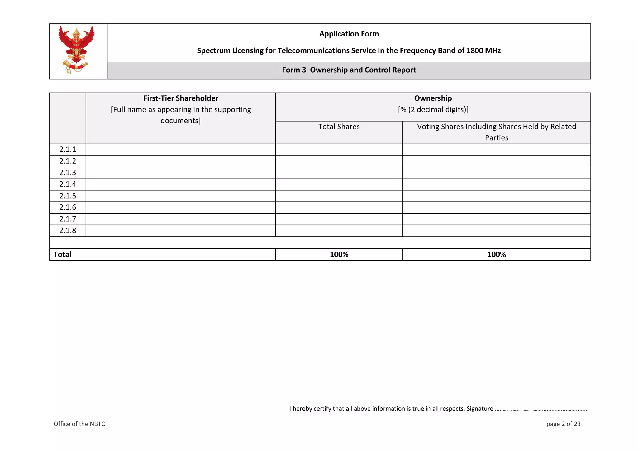 Application Form
Spectrum Licensing for Telecommunications Service in the Frequency Band of 1800 MHz
Form 3 Ownership and Control Report
I hereby certify that all above information is true in all respects. Signature ……..............................………………….….…….
Office of the NBTC page 2 of 23
First-Tier Shareholder
[Full name as appearing in the supporting
documents]
Ownership
[% (2 decimal digits)]
Total Shares Voting Shares Including Shares Held by Related
Parties
2.1.1
2.1.2
2.1.3
2.1.4
2.1.5
2.1.6
2.1.7
2.1.8
Total 100% 100%
 