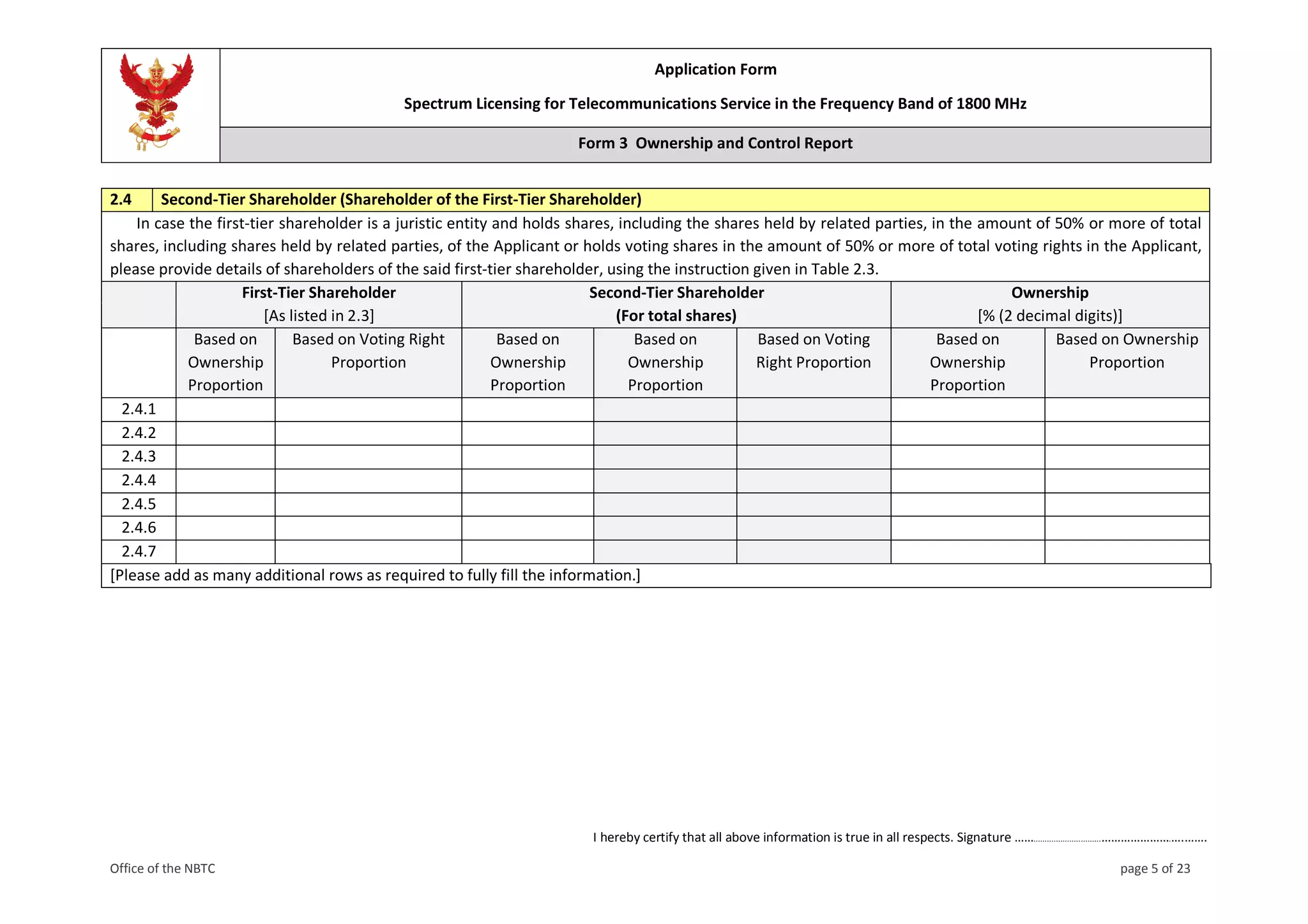 Application Form
Spectrum Licensing for Telecommunications Service in the Frequency Band of 1800 MHz
Form 3 Ownership and Control Report
I hereby certify that all above information is true in all respects. Signature ……..............................………………….….…….
Office of the NBTC page 5 of 23
2.4 Second-Tier Shareholder (Shareholder of the First-Tier Shareholder)
In case the first-tier shareholder is a juristic entity and holds shares, including the shares held by related parties, in the amount of 50% or more of total
shares, including shares held by related parties, of the Applicant or holds voting shares in the amount of 50% or more of total voting rights in the Applicant,
please provide details of shareholders of the said first-tier shareholder, using the instruction given in Table 2.3.
First-Tier Shareholder
[As listed in 2.3]
Second-Tier Shareholder
(For total shares)
Ownership
[% (2 decimal digits)]
Based on
Ownership
Proportion
Based on Voting Right
Proportion
Based on
Ownership
Proportion
Based on
Ownership
Proportion
Based on Voting
Right Proportion
Based on
Ownership
Proportion
Based on Ownership
Proportion
2.4.1
2.4.2
2.4.3
2.4.4
2.4.5
2.4.6
2.4.7
[Please add as many additional rows as required to fully fill the information.]
 