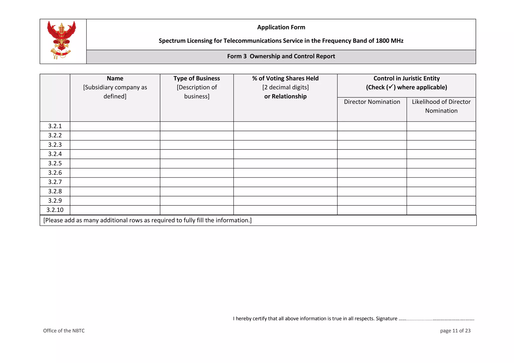 Application Form
Spectrum Licensing for Telecommunications Service in the Frequency Band of 1800 MHz
Form 3 Ownership and Control Report
I hereby certify that all above information is true in all respects. Signature ……..............................………………….….…….
Office of the NBTC page 11 of 23
Name
[Subsidiary company as
defined]
Type of Business
[Description of
business]
% of Voting Shares Held
[2 decimal digits]
or Relationship
Control in Juristic Entity
(Check () where applicable)
Director Nomination Likelihood of Director
Nomination
3.2.1
3.2.2
3.2.3
3.2.4
3.2.5
3.2.6
3.2.7
3.2.8
3.2.9
3.2.10
[Please add as many additional rows as required to fully fill the information.]
 