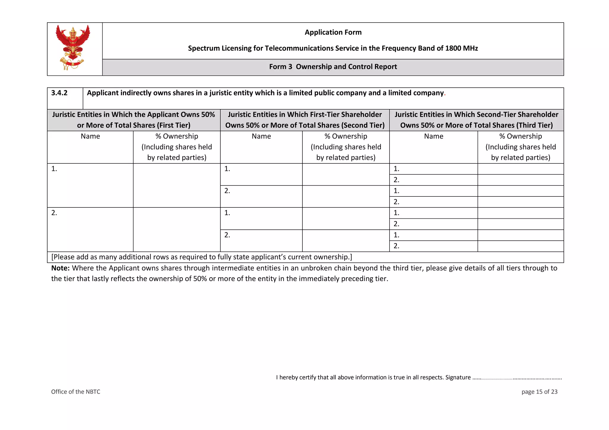 Application Form
Spectrum Licensing for Telecommunications Service in the Frequency Band of 1800 MHz
Form 3 Ownership and Control Report
I hereby certify that all above information is true in all respects. Signature ……..............................………………….….…….
Office of the NBTC page 15 of 23
3.4.2 Applicant indirectly owns shares in a juristic entity which is a limited public company and a limited company.
Juristic Entities in Which the Applicant Owns 50%
or More of Total Shares (First Tier)
Juristic Entities in Which First-Tier Shareholder
Owns 50% or More of Total Shares (Second Tier)
Juristic Entities in Which Second-Tier Shareholder
Owns 50% or More of Total Shares (Third Tier)
Name % Ownership
(Including shares held
by related parties)
Name % Ownership
(Including shares held
by related parties)
Name % Ownership
(Including shares held
by related parties)
1. 1. 1.
2.
2. 1.
2.
2. 1. 1.
2.
2. 1.
2.
[Please add as many additional rows as required to fully state applicant’s current ownership.]
Note: Where the Applicant owns shares through intermediate entities in an unbroken chain beyond the third tier, please give details of all tiers through to
the tier that lastly reflects the ownership of 50% or more of the entity in the immediately preceding tier.
 