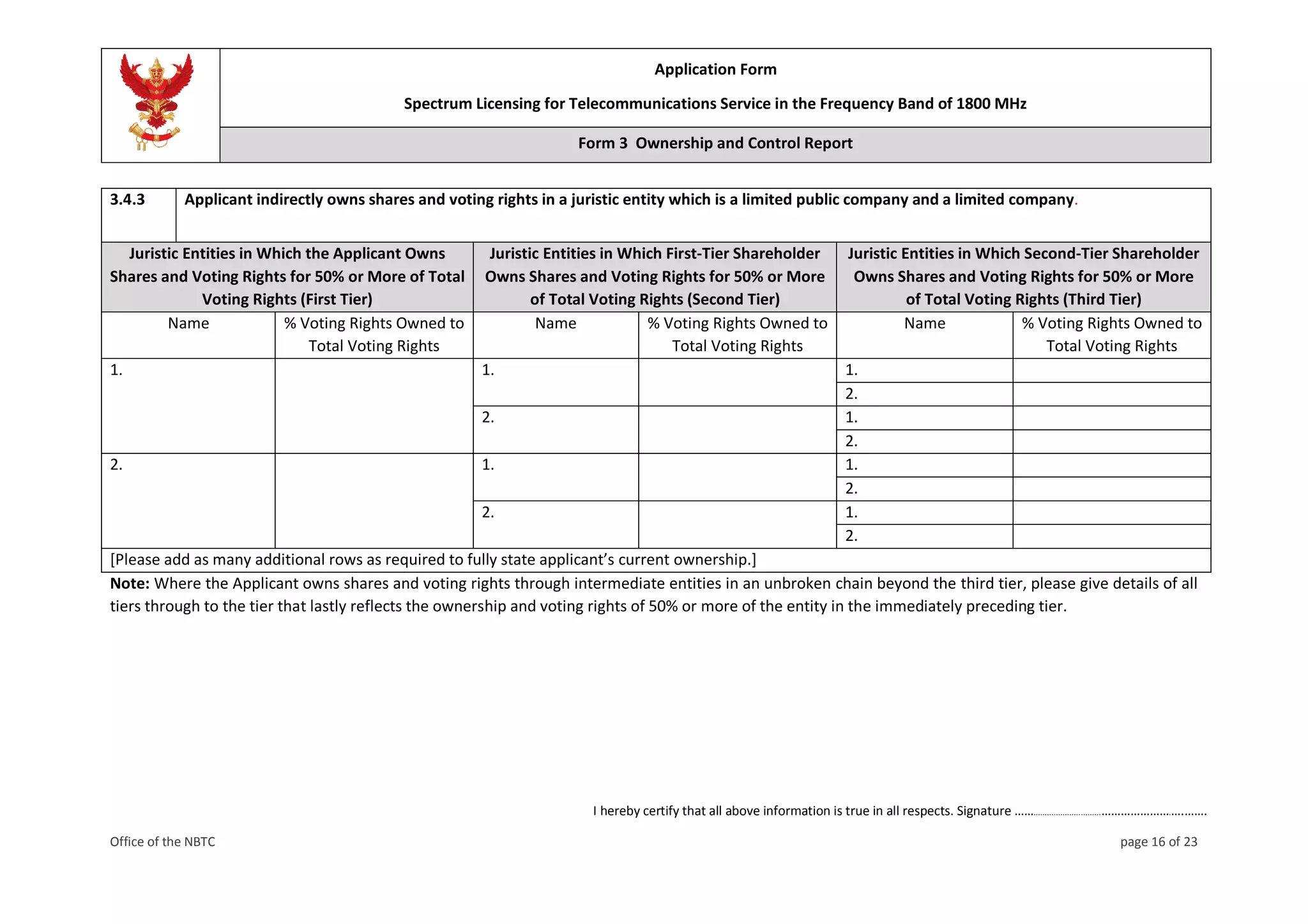 Application Form
Spectrum Licensing for Telecommunications Service in the Frequency Band of 1800 MHz
Form 3 Ownership and Control Report
I hereby certify that all above information is true in all respects. Signature ……..............................………………….….…….
Office of the NBTC page 16 of 23
3.4.3 Applicant indirectly owns shares and voting rights in a juristic entity which is a limited public company and a limited company.
Juristic Entities in Which the Applicant Owns
Shares and Voting Rights for 50% or More of Total
Voting Rights (First Tier)
Juristic Entities in Which First-Tier Shareholder
Owns Shares and Voting Rights for 50% or More
of Total Voting Rights (Second Tier)
Juristic Entities in Which Second-Tier Shareholder
Owns Shares and Voting Rights for 50% or More
of Total Voting Rights (Third Tier)
Name % Voting Rights Owned to
Total Voting Rights
Name % Voting Rights Owned to
Total Voting Rights
Name % Voting Rights Owned to
Total Voting Rights
1. 1. 1.
2.
2. 1.
2.
2. 1. 1.
2.
2. 1.
2.
[Please add as many additional rows as required to fully state applicant’s current ownership.]
Note: Where the Applicant owns shares and voting rights through intermediate entities in an unbroken chain beyond the third tier, please give details of all
tiers through to the tier that lastly reflects the ownership and voting rights of 50% or more of the entity in the immediately preceding tier.
 
