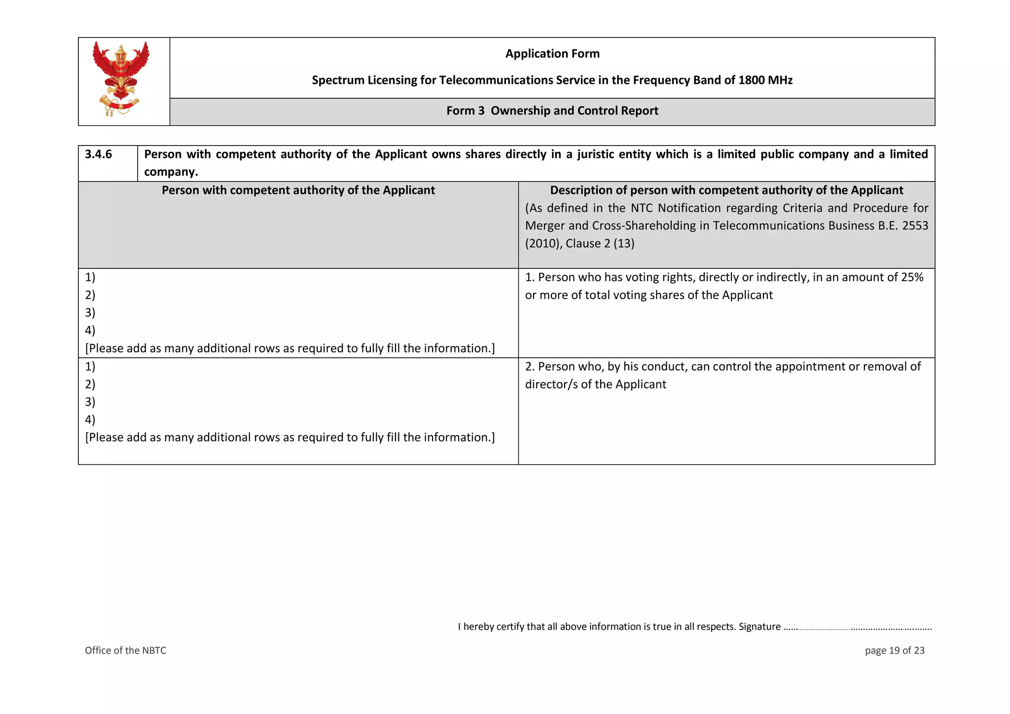 Application Form
Spectrum Licensing for Telecommunications Service in the Frequency Band of 1800 MHz
Form 3 Ownership and Control Report
I hereby certify that all above information is true in all respects. Signature ……..............................………………….….…….
Office of the NBTC page 19 of 23
3.4.6 Person with competent authority of the Applicant owns shares directly in a juristic entity which is a limited public company and a limited
company.
Person with competent authority of the Applicant Description of person with competent authority of the Applicant
(As defined in the NTC Notification regarding Criteria and Procedure for
Merger and Cross-Shareholding in Telecommunications Business B.E. 2553
(2010), Clause 2 (13)
1)
2)
3)
4)
[Please add as many additional rows as required to fully fill the information.]
1. Person who has voting rights, directly or indirectly, in an amount of 25%
or more of total voting shares of the Applicant
1)
2)
3)
4)
[Please add as many additional rows as required to fully fill the information.]
2. Person who, by his conduct, can control the appointment or removal of
director/s of the Applicant
 