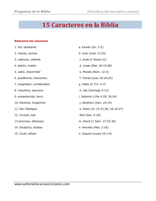 Preguntas de la Biblia Biblioteca del ministerio juvenil
www.editorialrecursoscristianos.com
15 Caracteres en la Biblia 
Relaciona las columnas
1. fiel, obediente a. Faraón (Ex. 5:2)
2. manso, sumiso b. Juan (Juan 13:23)
3. valeroso, valiente c. Acab (1 Reyes 21)
4. ladrón, traidor d. Judas (Mat. 26:47,48)
5. sabio, discernidor e. Moisés (Núm. 12:3)
6. pusilánime, traicionero f. Tomás (Juan 20:24,25)
7. engañador, confabulador g. Pablo (2 Tim. 4:7)
8. impulsivo, equivoco h. Job (Santiago 5:11)
9. empedernido, terco i. Salomón (1Re 4:29, 30,34)
10. Paciente, longanime j. Abraham (Gen. 18:19)
11. fiel, fidedigno. k. Pedro (Jn 13:37,38; 18:10-27)
12. Curioso, leal Noé (Gen. 6:22)
13.amoroso, afectuoso m. David (1 Sam. 17:32-36)
14. Escéptico, dudoso n. Herodes (Mat. 2:16)
15. Cruel, odioso o. Zaqueo (Lucas 19:1-9)
 
