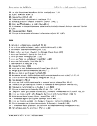 Preguntas de la Biblia Biblioteca del ministerio juvenil
www.editorialrecursoscristianos.com
11. Los hijos de padre en la parábola del hijo pródigo (Lucas 15:11)  
12. Nueras de Noemí (Ruth 1:8)  
13. Hijos de Noemí (Ruth 1:3)  
14. Espías que Rahab escondió en su casa (Josué 2:3,4)  
15. blancas que la viuda lanzó en la tesorería (Marcos 12:41,42)  
16. Veces que Moisés golpeó la piedra (Num. 20:11)  
17. Hombres en vestiduras blancas que hablaron a los discípulos después de Jesús ascendida (Hechos 
1:10,11)  
18. Hijos de José (Gen. 46:27)  
19. Días que Jesús se quedó a Sicar con los Samaritanos (Juan 4:1 39,40) 
 
 
TRES 
 
1. número de tentaciones de Jesús (Mat. 4:1‐11)  
2. horas de oscuridad en la tierra en la crucifixión (Marcos 15:32,33)  
3. los hombres en el horno ardiente (Dan. 3:23)  
4. días y noches que Jonás estuvo en el estomago del pez (Jonás 1:17) 
5. veces que Daniel oró a Dios de día (Dan. 6:10)  
6. veces que Pablo naufrago (2 Cor. 11:25)  
7. veces que Pablo fue azotado con varas (2 Cor. 11:25)  
8. veces que Pedro negó a Cristo (Mat. 26:75) 
9. las historias en el arca (Gen. 6:16)  
10. Hijos de Noé (Gen. 9:19)  
11. veces que el asna de Baalam se volvió ángel (Num. 22:31‐33  
12. Amigos que vinieron a confortar a Job (Job 2:11)  
13. Días que Saúl se quedo ciego (Hechos 9:8,9)  
14. Meses que la madre de Moisés lo escondió antes de ponerlo en una cesta (Ex. 2:2,3,10) 
15. Días de oscuridad durante la plaga en Egipto (Ex. 10:22)  
16. Hijas de Job (Job 42:13)  
17. veces que Noé envió la paloma del arca antes de que no volviera (Gen. 8:8‐12)  
18. Tabernáculos que Pedro quiso hacer en el Monte de la Transfiguración (Marcos 9:2,5) 
19. Hijos que se murieron con su padre, Saúl (1 Sam. 31:6)  
20. Días que Jesús estuvo en la tumba (Mat. 27:63; 1 Cor. 15:3 ' 4)  
21. Compañías en las que Gedeon dividió a los 300 hombres contra el Midianitas (Jueces 7:15, 16) 
22. veces que Jesús encontró a los discípulos durmiendo en Getsemaní (Mar. 14:33‐41)  
23. Semanas que Daniel estuvo afligido y ayunó (Dan. 10:2,3)  
24. El número de regalos que trajeron los magos a Jesús (Mat. 2:11)  
25. veces que Jesús se apareció a los discípulos después de Su resurrección (Juan 21:14)  
26. Días en Jerusalén que Jesús estuvo separado de Sus padres (Lucas 2:43‐46)  
27. El número de meses que el arca estuvo oculto durante el tiempo de David (2 Sam. 6:11) 
28. Hora a la que Jesús fue crucificado (Marcos 15:25)  
 
 
 