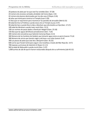 Preguntas de la Biblia Biblioteca del ministerio juvenil
www.editorialrecursoscristianos.com
20 pedazos de plata por las que José fue vendido (Gen. 37:28)  
24 número de ancianos sentados alrededor del trono (Apoc. 4:4)  
42 número de jóvenes destrozados por los dos osos (2 Reyes 2:24)  
46 años que tomó para construir el Templo (Juan 2:20)  
52 días que se requirieron para reconstruir las paredes de Jerusalén (Neh.6:15) 
84 edad de Ana la Profetisa cuando Jesús vino al Templo (Lucas 2:37)  
90 edad de Sara cuando Dios le dijo a Abraham que ella tendría un hijo (Gen. 17:17) 
100 edad de Abraham cuando Isaac nació (Gen. 21:5)  
100 Los racimos de pasas dados a David por Abigail (1Sam. 25:18)  
150 días que las aguas del Diluvio prevalecieron (Gen. 7:24)  
300 número de concubinas que Salomón tenía (yo Reyes 11:3)  
300 Número de los hombres de Gedeón que tomarón agua como un perro (Jueces 7:5,6)  
300 Número de zorros que Sansón cogió y ató teas a sus colas (Jueces 15:4)  
300 Las piezas de plata que José dio a Benjamín (Gen. 45:22)  
600 carros que Faraón tomó para seguir a los Israelitas a través del Mar Rojo (Ex. 14:7)  
700 esposas y princesas de Salomón (1 Reyes 11:1‐3)  
969 la edad de Matusalén cuando murió (Gen. 5:27)  
1,000 yuntas de Job de que le fueron restauradas después de su sufrimiento (Job 42:12) 
 