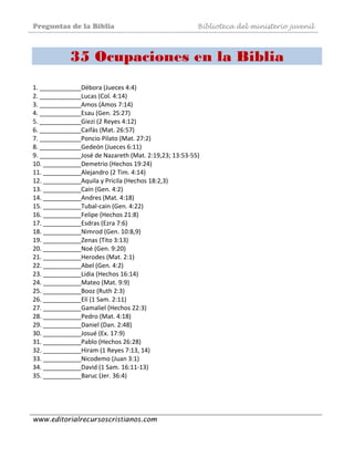 Preguntas de la Biblia Biblioteca del ministerio juvenil
www.editorialrecursoscristianos.com
35 Ocupaciones en la Biblia
 
1. ____________Débora (Jueces 4:4)  
2. ____________Lucas (Col. 4:14)  
3. ____________Amos (Amos 7:14)  
4. ____________Esau (Gen. 2S:27)  
5. ____________Giezi (2 Reyes 4:12)  
6. ____________Caifás (Mat. 26:57)  
7. ____________Poncio Pilato (Mat. 27:2)  
8. ____________Gedeón (Jueces 6:11)  
9. ____________José de Nazareth (Mat. 2:19,23; 13:53‐55)  
10. ___________Demetrio (Hechos 19:24)  
11. ___________Alejandro (2 Tim. 4:14)  
12. ___________Aquila y Pricila (Hechos 18:2,3)  
13. ___________Cain (Gen. 4:2)  
14. ___________Andres (Mat. 4:18)  
15. ___________Tubal‐cain (Gen. 4:22)  
16. ___________Felipe (Hechos 21:8)  
17. ___________Esdras (Ezra 7:6)  
18. ___________Nimrod (Gen. 10:8,9)  
19. ___________Zenas (Tito 3:13)  
20. ___________Noé (Gen. 9:20)  
21. ___________Herodes (Mat. 2:1)  
22. ___________Abel (Gen. 4:2)  
23. ___________Lidia (Hechos 16:14)  
24. ___________Mateo (Mat. 9:9)  
25. ___________Booz (Ruth 2:3)  
26. ___________Elí (1 Sam. 2:11)  
27. ___________Gamaliel (Hechos 22:3)  
28. ___________Pedro (Mat. 4:18)  
29. ___________Daniel (Dan. 2:48)  
30. ___________Josué (Ex. 17:9)  
31. ___________Pablo (Hechos 26:28)  
32. ___________Hiram (1 Reyes 7:13, 14)  
33. ___________Nicodemo (Juan 3:1)  
34. ___________David (1 Sam. 16:11‐13)  
35. ___________Baruc (Jer. 36:4) 
 