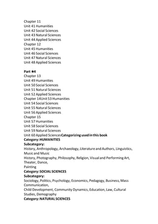 Chapter 11
Unit 41 Humanities
Unit 42 Social Sciences
Unit 43 Natural Sciences
Unit 44 Applied Sciences
Chapter 12
Unit 45 Humanities
Unit 46 Social Sciences
Unit 47 Natural Sciences
Unit 48 Applied Sciences
Part ★4
Chapter 13
Unit 49 Humanities
Unit 50 Social Sciences
Unit 51 Natural Sciences
Unit 52 Applied Sciences
Chapter 14Unit53 Humanities
Unit 54 Social Sciences
Unit 55 Natural Sciences
Unit 56 Applied Sciences
Chapter 15
Unit 57 Humanities
Unit 58 Social Sciences
Unit 59 Natural Sciences
Unit 60 Applied SciencesCategorizing usedinthis book
Category:HUMANITIES
Subcategory:
History, Anthropology, Archaeology, Literatureand Authors, Linguistics,
Music and Music
History, Photography, Philosophy, Religion, Visualand Performing Art,
Theater, Dance,
Painting
Category:SOCIAL SCIENCES
Subcategory:
Sociology, Politics, Psychology, Economics, Pedagogy, Business, Mass
Communication,
Child Development, Community Dynamics, Education, Law, Cultural
Studies, Demography
Category:NATURAL SCIENCES
 