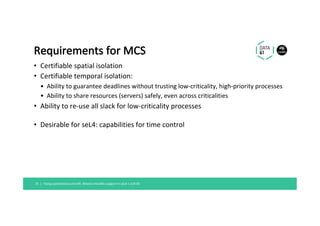 Requirements	for	MCS	
•  Certifiable	spatial	isolation	
•  Certifiable	temporal	isolation:	
•  Ability	to	guarantee	deadlines	without	trusting	low-criticality,	high-priority	processes	
•  Ability	to	share	resources	(servers)	safely,	even	across	criticalities	
•  Ability	to	re-use	all	slack	for	low-criticality	processes	
•  Desirable	for	seL4:	capabilities	for	time	control	
Flying	autonomous	aircraft:	Mixed-criticality	support	in	seL4	|	LCA'18	25		|	
 