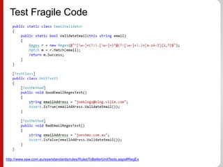 Test Fragile Code
http://www.ssw.com.au/ssw/standards/rules/RulesToBetterUnitTests.aspx#RegEx
 