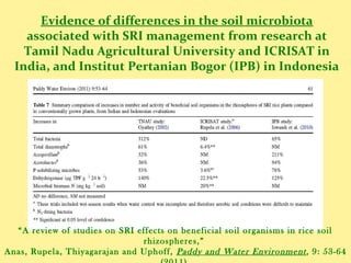 Evidence of differences in the soil microbiota
associated with SRI management from research at
Tamil Nadu Agricultural Uni...