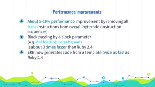 Performance improvements
◉ About 5-10% performance improvement by removing all
trace instructions from overall bytecode (instruction
sequences)
◉ Block passing by a block parameter
(e.g. def foo(&b); bar(&b); end)
is about 3 times faster than Ruby 2.4
◉ ERB now generates code from a template twice as fast as
Ruby 2.4
 