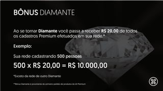 **Bônus Diamante é proviniente do primeiro pedido de produtos do kit Premium
BÔNUS DIAMANTE
Ao se tornar Diamante você passa a receber R$ 20,00 de todos
os cadastros Premium efetuados em sua rede.*
Exemplo:
Sua rede cadastrando 500 pessoas
500 x R$ 20,00 = R$ 10.000,00
*Exceto da rede de outro Diamante
 