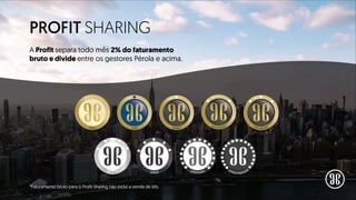 *Faturamento bruto para o Profit Sharing não inclui a venda de kits.
A Profit separa todo mês 2% do faturamento
bruto e divide entre os gestores Pérola e acima.
PROFIT SHARING
BLACK SUPREME SUPREMEROYAL SUPREMEEMBAIXADOR
PÉROLA SAFIRA DIAMANTE
DUPLODIAMANTE TRIPLODIAMANTE
 