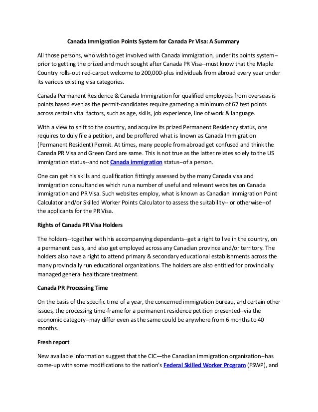Canada Immigration Points System for Canada Pr Visa A Summary