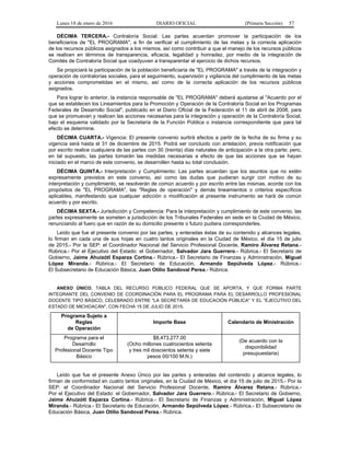 Lunes 18 de enero de 2016 DIARIO OFICIAL (Primera Sección) 57
DÉCIMA TERCERA.- Contraloría Social: Las partes acuerdan promover la participación de los
beneficiarios de "EL PROGRAMA", a fin de verificar el cumplimiento de las metas y la correcta aplicación
de los recursos públicos asignados a los mismos, así como contribuir a que el manejo de los recursos públicos
se realicen en términos de transparencia, eficacia, legalidad y honradez, por medio de la integración de
Comités de Contraloría Social que coadyuven a transparentar el ejercicio de dichos recursos.
Se propiciará la participación de la población beneficiaria de "EL PROGRAMA" a través de la integración y
operación de contralorías sociales, para el seguimiento, supervisión y vigilancia del cumplimiento de las metas
y acciones comprometidas en el mismo, así como de la correcta aplicación de los recursos públicos
asignados.
Para lograr lo anterior, la instancia responsable de "EL PROGRAMA" deberá ajustarse al "Acuerdo por el
que se establecen los Lineamientos para la Promoción y Operación de la Contraloría Social en los Programas
Federales de Desarrollo Social", publicado en el Diario Oficial de la Federación el 11 de abril de 2008, para
que se promuevan y realicen las acciones necesarias para la integración y operación de la Contraloría Social,
bajo el esquema validado por la Secretaría de la Función Pública o instancia correspondiente que para tal
efecto se determine.
DÉCIMA CUARTA.- Vigencia: El presente convenio surtirá efectos a partir de la fecha de su firma y su
vigencia será hasta el 31 de diciembre de 2015. Podrá ser concluido con antelación, previa notificación que
por escrito realice cualquiera de las partes con 30 (treinta) días naturales de anticipación a la otra parte; pero,
en tal supuesto, las partes tomarán las medidas necesarias a efecto de que las acciones que se hayan
iniciado en el marco de este convenio, se desarrollen hasta su total conclusión.
DÉCIMA QUINTA.- Interpretación y Cumplimiento: Las partes acuerdan que los asuntos que no estén
expresamente previstos en este convenio, así como las dudas que pudieran surgir con motivo de su
interpretación y cumplimiento, se resolverán de común acuerdo y por escrito entre las mismas, acorde con los
propósitos de "EL PROGRAMA", las "Reglas de operación" y demás lineamientos o criterios específicos
aplicables, manifestando que cualquier adicción o modificación al presente instrumento se hará de común
acuerdo y por escrito.
DÉCIMA SEXTA.- Jurisdicción y Competencia: Para la interpretación y cumplimiento de este convenio, las
partes expresamente se someten a jurisdicción de los Tribunales Federales en sede en la Ciudad de México,
renunciando al fuero que en razón de su domicilio presente o futuro pudiera corresponderles.
Leído que fue el presente convenio por las partes, y enteradas éstas de su contenido y alcances legales,
lo firman en cada una de sus hojas en cuatro tantos originales en la Ciudad de México, el día 15 de julio
de 2015.- Por la SEP: el Coordinador Nacional del Servicio Profesional Docente, Ramiro Álvarez Retana.-
Rúbrica.- Por el Ejecutivo del Estado: el Gobernador, Salvador Jara Guerrero.- Rúbrica.- El Secretario de
Gobierno, Jaime Ahuizótl Esparza Cortina.- Rúbrica.- El Secretario de Finanzas y Administración, Miguel
López Miranda.- Rúbrica.- El Secretario de Educación, Armando Sepúlveda López.- Rúbrica.-
El Subsecretario de Educación Básica, Juan Otilio Sandoval Perea.- Rúbrica.
ANEXO ÚNICO, TABLA DEL RECURSO PÚBLICO FEDERAL QUE SE APORTA, Y QUE FORMA PARTE
INTEGRANTE DEL CONVENIO DE COORDINACIÓN PARA EL PROGRAMA PARA EL DESARROLLO PROFESIONAL
DOCENTE TIPO BÁSICO, CELEBRADO ENTRE "LA SECRETARÍA DE EDUCACIÓN PÚBLICA" Y EL "EJECUTIVO DEL
ESTADO DE MICHOACÁN", CON FECHA 15 DE JULIO DE 2015.
Programa Sujeto a
Reglas
de Operación
Importe Base Calendario de Ministración
Programa para el
Desarrollo
Profesional Docente Tipo
Básico
$8,473,277.00
(Ocho millones cuatrocientos setenta
y tres mil doscientos setenta y siete
pesos 00/100 M.N.)
(De acuerdo con la
disponibilidad
presupuestaria)
Leído que fue el presente Anexo Único por las partes y enteradas del contenido y alcance legales, lo
firman de conformidad en cuatro tantos originales, en la Ciudad de México, el día 15 de julio de 2015.- Por la
SEP: el Coordinador Nacional del Servicio Profesional Docente, Ramiro Álvarez Retana.- Rúbrica.-
Por el Ejecutivo del Estado: el Gobernador, Salvador Jara Guerrero.- Rúbrica.- El Secretario de Gobierno,
Jaime Ahuizótl Esparza Cortina.- Rúbrica.- El Secretario de Finanzas y Administración, Miguel López
Miranda.- Rúbrica.- El Secretario de Educación, Armando Sepúlveda López.- Rúbrica.- El Subsecretario de
Educación Básica, Juan Otilio Sandoval Perea.- Rúbrica.
 
