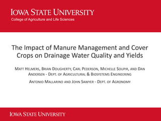 College of Agriculture and Life Sciences
The Impact of Manure Management and Cover
Crops on Drainage Water Quality and Yields
MATT HELMERS, BRIAN DOUGHERTY, CARL PEDERSON, MICHELLE SOUPIR, AND DAN
ANDERSEN - DEPT. OF AGRICULTURAL & BIOSYSTEMS ENGINEERING
ANTONIO MALLARINO AND JOHN SAWYER - DEPT. OF AGRONOMY
 