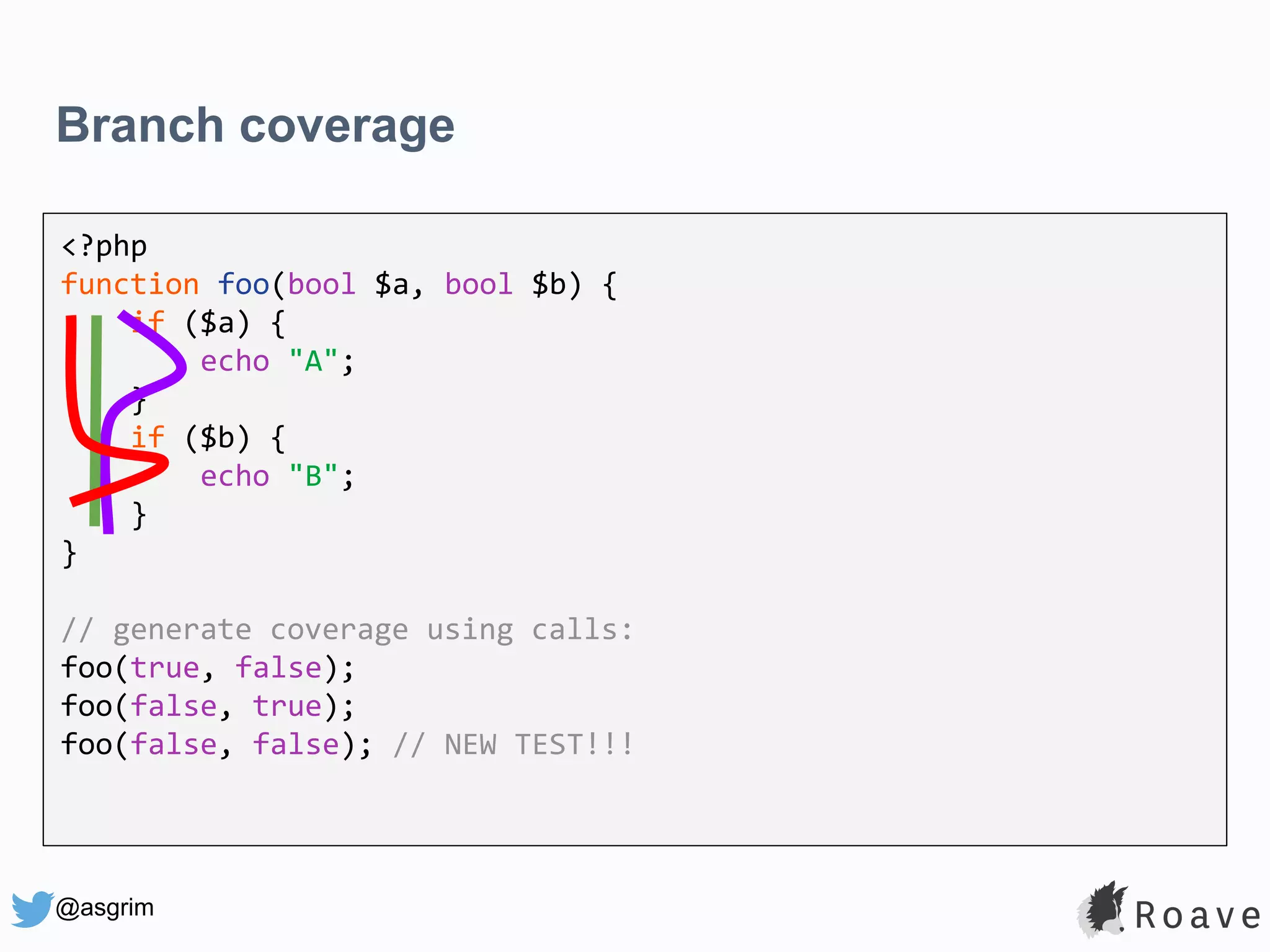 @asgrim Branch coverage <?php function foo(bool $a, bool $b) { if ($a) { echo "A"; } if ($b) { echo "B"; } } // generate coverage using calls: foo(true, false); foo(false, true); foo(false, false); // NEW TEST!!! 