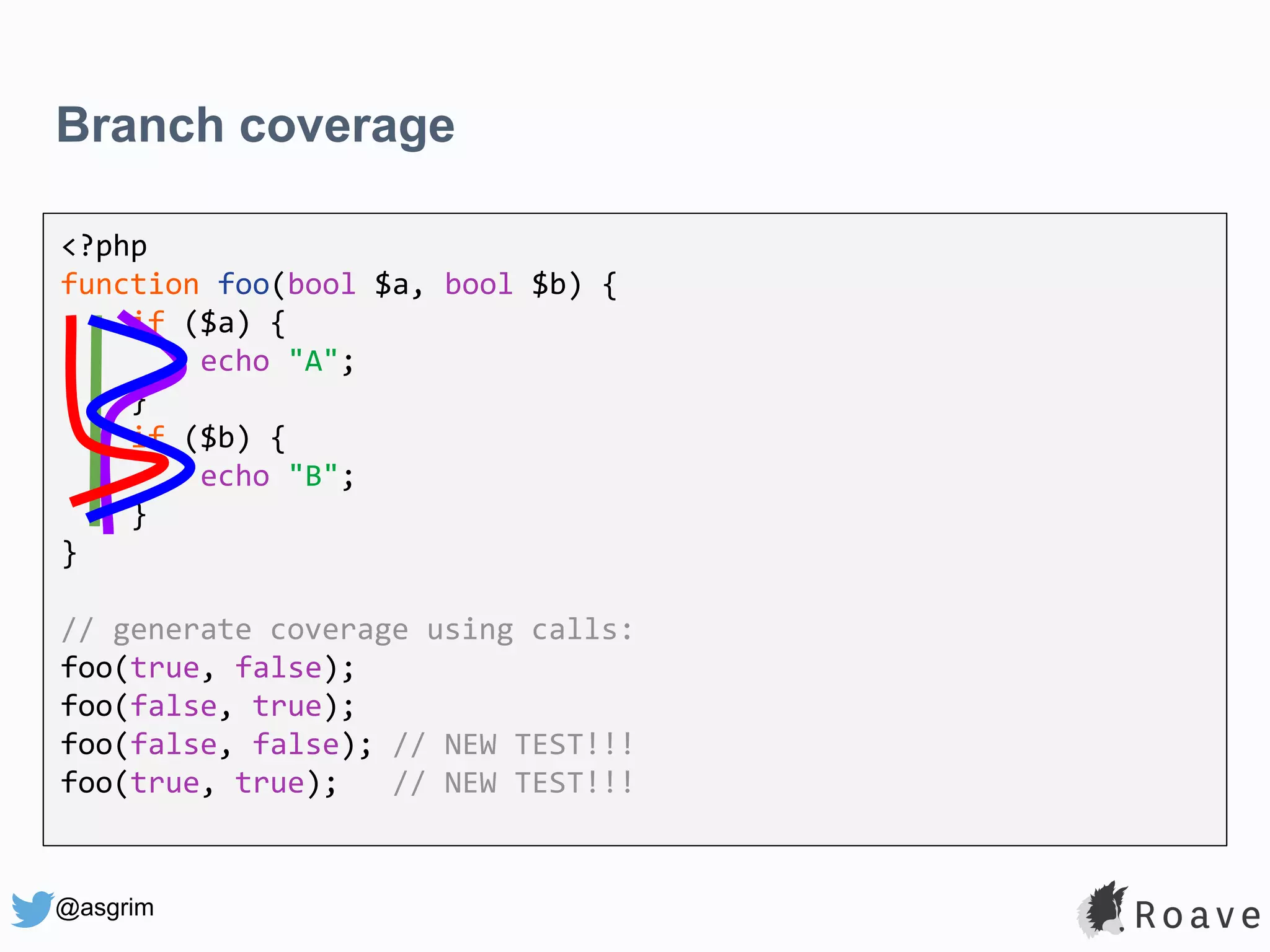 @asgrim Branch coverage <?php function foo(bool $a, bool $b) { if ($a) { echo "A"; } if ($b) { echo "B"; } } // generate coverage using calls: foo(true, false); foo(false, true); foo(false, false); // NEW TEST!!! foo(true, true); // NEW TEST!!! 