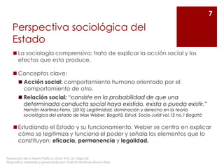 Perspectiva sociológica del
Estado
◼La sociología comprensiva: trata de explicar la acción social y los
efectos que esta p...