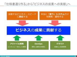 「仕様書通り作る」から「ビジネスの成果への貢献」へ
16
ビジネスの成果に貢献する
加速するビジネス・スピード
に即応する
本当に「使う」システムだけ
を開発・運用する
アジャイル開発
ビジネスと一体化した開発
DevOps
開発と運用の同期化
クラウド
自動化と高速開発
 