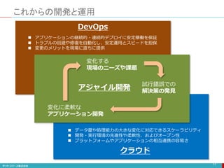 これからの開発と運用
17
変化する
現場のニーズや課題
試行錯誤での
解決策の発見
変化に柔軟な
アプリケーション開発
アジャイル開発
 データ量や処理能力の大きな変化に対応できるスケーラビリティ
 開発・実行環境の先進性や柔軟性、およびオープン性
 プラットフォームやアプリケーションの相互連携の容易さ
クラウド
 アプリケーションの継続的・連続的デプロイに安定稼働を保証
 トラブルの回避や修復を自動化し、安定運用とスピードを担保
 変更のメリットを現場に直ちに提供
DevOps
 