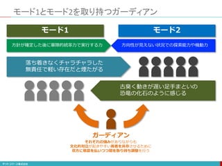 モード1とモード2を取り持つガーディアン
モード1 モード2
落ち着きなくチャラチャラした
無責任で軽い存在だと煙たがる
古臭く動きが遅い足手まといの
恐竜の化石のように感じる
それぞれの強みがありながらも
文化的対立が起きやすい両者を共存させるために
双方に敬意を払いつつ間を取り持ち調整を行う
方針が確定した後に軍隊的統率力で実行する力 方向性が見えない状況での探索能力や機動力
ガーディアン
 