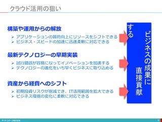 クラウド活用の狙い
9
構築や運用からの解放
最新テクノロジーの早期実装
資産から経費へのシフト
 アプリケーションの質的向上にリソースをシフトできる
 ビジネス・スピードの加速に迅速柔軟に対応できる
 試行錯誤が容易になってイノベーションを加速する
 テクノロジーの進化をいち早くビジネスに取り込める
 初期投資リスクが削減でき、IT活用範囲を拡大できる
 ビジネス環境の変化に柔軟に対応できる
ビ
ジ
ネ
ス
の
成
果
に
直
接
貢
献
す
る
 