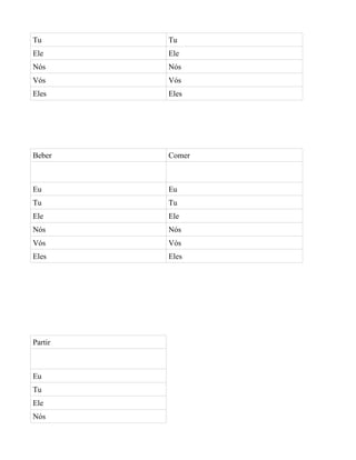 Tu       Tu
Ele      Ele
Nós      Nós
Vós      Vós
Eles     Eles




Beber    Comer



Eu       Eu
Tu       Tu
Ele      Ele
Nós      Nós
Vós      Vós
Eles     Eles




Partir



Eu
Tu
Ele
Nós
 