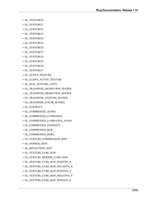 Ring Documentation, Release 1.10
• GL_TEXTURE20
• GL_TEXTURE21
• GL_TEXTURE22
• GL_TEXTURE23
• GL_TEXTURE24
• GL_TEXTURE25
• GL_TEXTURE26
• GL_TEXTURE27
• GL_TEXTURE28
• GL_TEXTURE29
• GL_TEXTURE30
• GL_TEXTURE31
• GL_ACTIVE_TEXTURE
• GL_CLIENT_ACTIVE_TEXTURE
• GL_MAX_TEXTURE_UNITS
• GL_TRANSPOSE_MODELVIEW_MATRIX
• GL_TRANSPOSE_PROJECTION_MATRIX
• GL_TRANSPOSE_TEXTURE_MATRIX
• GL_TRANSPOSE_COLOR_MATRIX
• GL_SUBTRACT
• GL_COMPRESSED_ALPHA
• GL_COMPRESSED_LUMINANCE
• GL_COMPRESSED_LUMINANCE_ALPHA
• GL_COMPRESSED_INTENSITY
• GL_COMPRESSED_RGB
• GL_COMPRESSED_RGBA
• GL_TEXTURE_COMPRESSION_HINT
• GL_NORMAL_MAP
• GL_REFLECTION_MAP
• GL_TEXTURE_CUBE_MAP
• GL_TEXTURE_BINDING_CUBE_MAP
• GL_TEXTURE_CUBE_MAP_POSITIVE_X
• GL_TEXTURE_CUBE_MAP_NEGATIVE_X
• GL_TEXTURE_CUBE_MAP_POSITIVE_Y
• GL_TEXTURE_CUBE_MAP_NEGATIVE_Y
• GL_TEXTURE_CUBE_MAP_POSITIVE_Z
1773
 