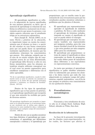 Revista Educación 30(1), 173-185, ISSN: 0379-7082, 2006	 177
Aprendizaje significativo
El aprendizaje significativo se refie-
re a la adquisición de nuevos significados
de una manera potencial, es decir, que el
material de aprendizaje se relacione de una
forma no arbitraria y sustancial con el cono-
cimiento previo que posea la persona o con
algún aspecto relevante que el estudiante
tenga en su estructura cognoscitiva.
Para Joseph D. Novak (1997), en su
texto Teoría y práctica de la educación,
es importante tomar en cuenta los conoci-
mientos que el alumno ya tiene y a partir
de ahí enseñar en una forma consecutiva
para que así pueda darse un aprendizaje
realmente significativo, de manera que los
estudiantes relacionen los conocimientos
que posean. Sin embargo, estipula que en
el caso de no existir ningún tipo de cono-
cimiento acerca de un tema determinado,
el aprendizaje debe llevarse a cabo en una
forma memorística, pues los alumnos no
tendrían ningún referente conceptual con
el cual crear un puente cognoscitivo para
establecer semejanzas o diferencias con el
saber aprendido.
“Se da un aprendizaje significativo, cuando la infor-
mación nueva se pone en relación con conceptos ya
existentes en la mente del que aprende (conceptos
inclusivos o inclusores, en términos de Ausubel).”
(Novak. 1977:25).
Dentro de los tipos de aprendizaje
significativo que se han puesto en práctica,
es el aprendizaje significativo por recepción
el que más atención ha recibido por parte
de diversos autores.
“El aprendizaje significativo por recepción es impor-
tante en la educación porque es el mecanismo huma-
no por excelencia que se utiliza para adquirir y
almacenar la vasta cantidad de ideas e información
representada por cualquier campo del conocimiento.”
(Ausubel. 1989:47).
Dentro de este uso se pueden encontrar
tres tipos distintos: el aprendizaje por repre-
sentaciones, el aprendizaje por definiciones
conceptuales o teóricas y el aprendizaje por
proposiciones, que se concibe como la pre-
sentación de una circunstancia para que los
estudiantes puedan encontrar soluciones a
problemas que les plantea el docente.
a.	 El aprendizaje por representaciones:
aprender el significado de símbolos
o palabras. Se lleva a cabo mediante
el aprendizaje de términos aislados,
tomando en cuenta el significado al
cual se puede referir el concepto.
b.	 El aprendizaje por conceptos: los con-
ceptos también son representados
por imágenes aisladas, para dar una
mayor claridad visual de los términos
y que estos puedan ser más compren-
sibles para los estudiantes.
c.	 El aprendizaje por proposiciones: se
trata de captar el significado en ideas
expresadas en forma de propuestas,
las cuales deben poner de manifiesto
ideas diferentes a sus equivalentes
en representaciones concretas.
	
La meta que persigue el aprendizaje
significativo es poder entablar relaciones
entre la información que posean los alum-
nos y los datos nuevos que cada día van
adquiriendo en cualquier campo del saber:
ciencias, español, matemática, con el fin de
que pongan en práctica esos conocimientos
en sus quehaceres diarios.
3.	Procedimientos
	 metodológicos
  
Informantes
Cincuenta y tres estudiantes de octa-
vo año en el colegio Saint Anthony High
School, ubicado en Tibás, San José.	
Recolección de la información
La base de la presente investigación
son los diseños cuasi-experimentales, en
los cuales, los factores que afectan el
 