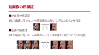 ■静止画の顔認証
1枚の画像に写った1人の顔画像を比較して、同じかどうかを判定
■動画の顔認証
1本の動画に写った1人の顔のシーケンス画像を、同じかどうかを判定
動画像の顔認証
Same or not
Same or not
 