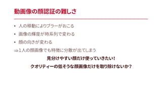 • 人の移動によりブラーがおこる
• 画像の輝度が時系列で変わる
• 顔の向きが変わる
Þ１人の顔画像でも特徴に分散が出てしまう
見分けやすい顔だけ使っていきたい！
クオリティーの低そうな顔画像だけを取り除けないか？
動画像の顔認証の難しさ
 