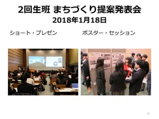 2回生班 まちづくり提案発表会
2018年1月18日
ショート・プレゼン ポスター・セッション
17
 