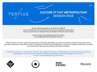 Une formation proposée et conduite par TERTIUS
avec la collaboration de la Cité des arts de la rue et du Mucem à Marseille,
ainsi que du Carreau du Temple (Paris) et de Mains d’Œuvres (Saint-Ouen)
Avec le soutien de la Métropole du Grand Paris
et de la Métropole Aix-Marseille-Provence
CULTURE ET FAIT MÉTROPOLITAIN
SESSION 2018
À destination des élu·e·s, des acteurs culturels, des artistes et de tout·e·s professionnel·le·s (social, jeunesse, urbanisme,
aménagement, économie, environnement) considérant la dimension culturelle partagée comme vecteur
et levier du développement des métropoles.
Cette formation va réunir nombre des personnes qui font les métropoles, aussi bien du côté des institutions que des acteurs,
pour des interventions, des tables-rondes, des temps de réflexion, de co-élaboration, de façon à travailler la dimension culturelle
en transversalité, dans tous les domaines de l’action publique.
1/6
 