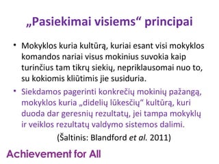 „Pasiekimai visiems“ principai
• Mokyklos kuria kultūrą, kuriai esant visi mokyklos
  komandos nariai visus mokinius suvokia kaip
  turinčius tam tikrų siekių, nepriklausomai nuo to,
  su kokiomis kliūtimis jie susiduria.
• Siekdamos pagerinti konkrečių mokinių pažangą,
  mokyklos kuria „didelių lūkesčių“ kultūrą, kuri
  duoda dar geresnių rezultatų, jei tampa mokyklų
  ir veiklos rezultatų valdymo sistemos dalimi.
             (Šaltinis: Blandford et al. 2011)
 