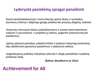 Lyderystė pasiekimų spragai panaikinti

Geras bendradarbiavimas ir komunikacija apima tikslių ir savalaikių
duomenų rinkimą ir dalijimąsi gerąja praktika bei procesų diegimą, siekiant:

•tinkamiau formuluoti tikslus pažeidžiamiems ir prastai besimokantiems
vaikams ir jaunuoliams, ir praplėsti jų siekius, pagerinti prieinamumą bei
pasiekimus;

•geriau planuoti pamokas, pašalinti kliūtis ir padaryti mokymąsi prieinamą,
taip užsitikrinant geresnius pasiekimus ir platesnius siekius;

•pageidaujamą praktiką mokyklose planuoti ir diegti pasitelkiant nuolatinę
profesinę raidą.
                                (Šaltinis: Blandford et al. 2011)
 