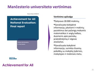 Mančesterio universiteto vertinimas

                         Vertinimo apžvalga
                         Dalyvavo 28 000 mokinių.
                         Išanalizuota kiekybinė
                         informacija, įskaitant ir mokinių
                         pasiekimus bei pažangą mokantis
                         matematikos ir anglų kalbos,
                         duomenis apie pamokų
                         praleidinėjimą ir elgesio
                         ataskaitas.
                         Išanalizuota kokybinė
                         informacija, surinkta išsamių
                         pokalbių su mokyklų lyderiais,
                         mokytojais ir mokiniais metu.




                                                             21
 