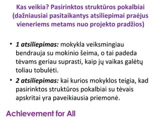 Kas veikia? Pasirinktos struktūros pokalbiai
(dažniausiai pasitaikantys atsiliepimai praėjus
  vieneriems metams nuo projekto pradžios)

• 1 atsiliepimas: mokykla veiksmingiau
  bendrauja su mokinio šeima, o tai padeda
  tėvams geriau suprasti, kaip jų vaikas galėtų
  toliau tobulėti.
• 2 atsiliepimas: kai kurios mokyklos teigia, kad
  pasirinktos struktūros pokalbiai su tėvais
  apskritai yra paveikiausia priemonė.
 