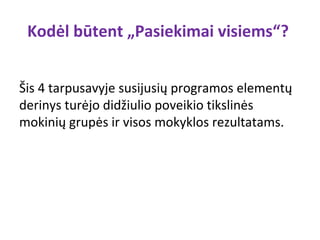 Kodėl būtent „Pasiekimai visiems“?


Šis 4 tarpusavyje susijusių programos elementų
derinys turėjo didžiulio poveikio tikslinės
mokinių grupės ir visos mokyklos rezultatams.
 