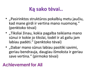 Ką sako tėvai..
• „Pasirinktos struktūros pokalbių metu jaučiu,
  kad mane girdi ir vertina mano nuomonę.“
  (penktoko tėvai)
• „Tiksliai žinau, kokia pagalba teikiama mano
  sūnui ir kokie jo tikslai, todėl ir aš galiu jam
  labiau padėti.“ (penktoko tėvai)
• „Dabar mano sūnus labiau pasitiki savimi,
  geriau bendrauja, daugiau išmoksta ir geriau
  save vertina.“ (pirmoko tėvai)
 