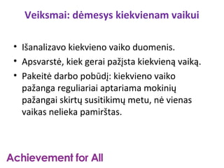 Veiksmai: dėmesys kiekvienam vaikui

• Išanalizavo kiekvieno vaiko duomenis.
• Apsvarstė, kiek gerai pažįsta kiekvieną vaiką.
• Pakeitė darbo pobūdį: kiekvieno vaiko
  pažanga reguliariai aptariama mokinių
  pažangai skirtų susitikimų metu, nė vienas
  vaikas nelieka pamirštas.
 